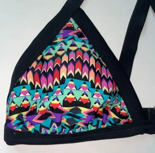 Scuba Triangle Bikini Top Black Colorful Aztec Print Crisscross Size Large