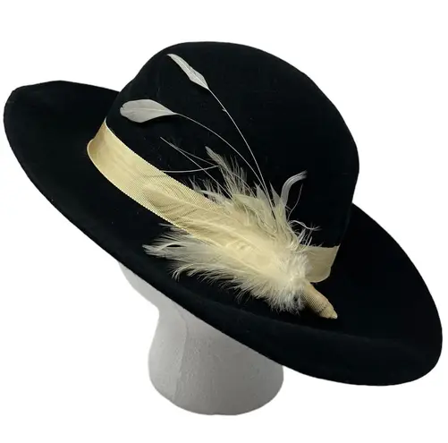 Doeskin Vintage Ladies Hat Black Felt Fedora And Feathers Made In USA