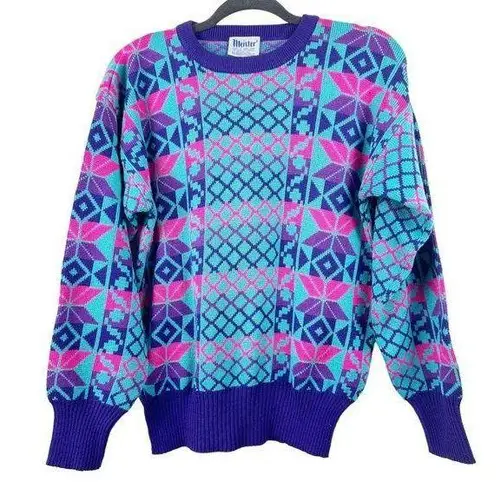 MEISTER Vintage Multicolored Bright Neon Printed Wool Blend Sweater FLAWED Small