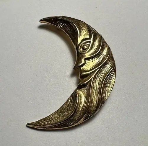 Crescent Moon Face Gold Tone Brooch Pin