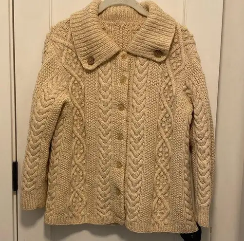 Vintage 100% Wool Hand knit Aran Dimond fisherman ivory cardigan sweater M/L Size M