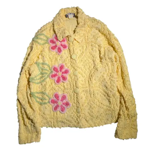 Vtg 1990s Scrap Work Yellow Pink Cotton Terry Floral Pattern Button Up Top Sz XS