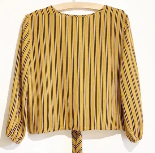 Daisy May mustard yellow and black vertical striped cropped front tie blouse