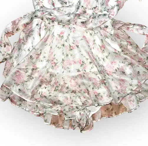 Love Shack Fancy Kooka chiffon light pink white rose print romper ruffle sweetheart neckline, S