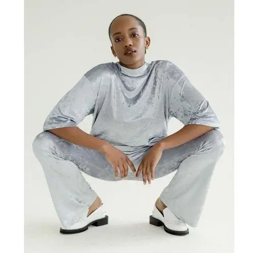 NEW Et Tigre Kenji Silver Metallic Velvet Velour Short Sleeve Mock Neck Top Sz S