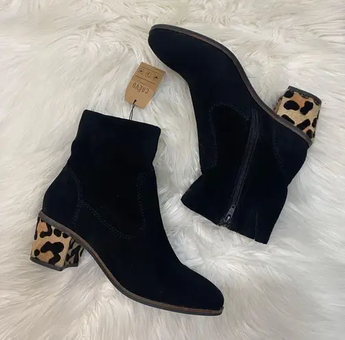 Crevo Jade Leather Suede Block Heel Bootie Leopard Animal Print size 8.5 Black