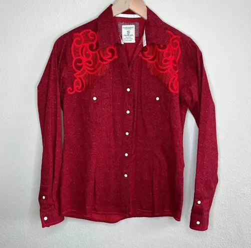 Panhandle Rough Stock Womens Western Shirt Red Embroidery Long Sleeve Pearl Snap