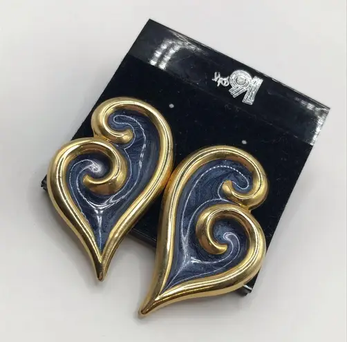 Vintage Blue  Enamel Swirl Gold Tone Abstract Heart Earrings