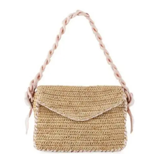 Pamela Munson Las Olas Raffia Shoulder Bag Pink Ribbon Strap Purse Straw