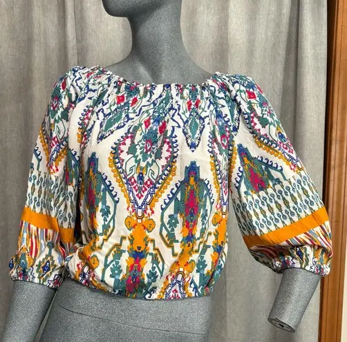 Christian Siriano Crop Top Aztec Western Boho 3/4 sleeve Coastal Cowgirl Multi Gold Size XS