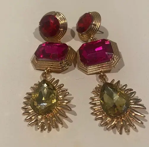 Earrings drop dangle fuchsia is pink red and yellow large rhinestone
