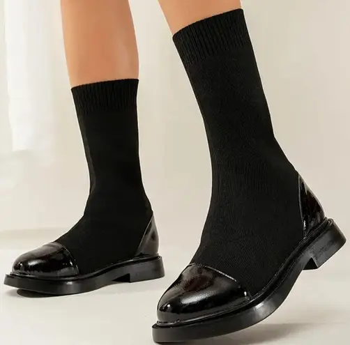 Sock Mid Calf Boots Slim Boots Ankle Boots Flat Shoes Booties Winter Shoes Fabric Boots Black Size 6