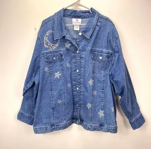 Quacker Factory  Denim Rhinestone Beaded Moon Stars Celestial Jean Jacket Size 3X