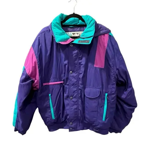 Vintage 90's NILS Size 2XL Ski Jacket Colorful Puffer Pockets Zip Snap Retro Purple