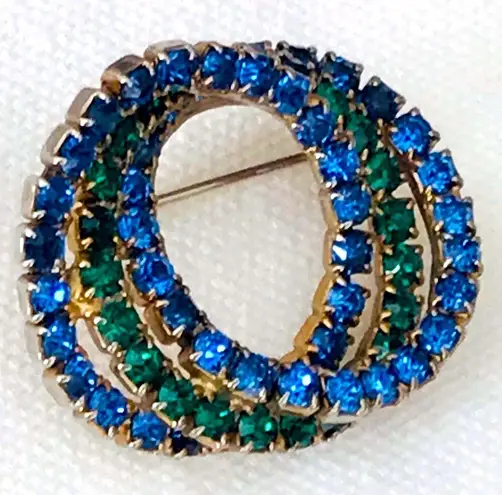 Vintage Blue  and Green Rhinestone Circles Brooch Pin