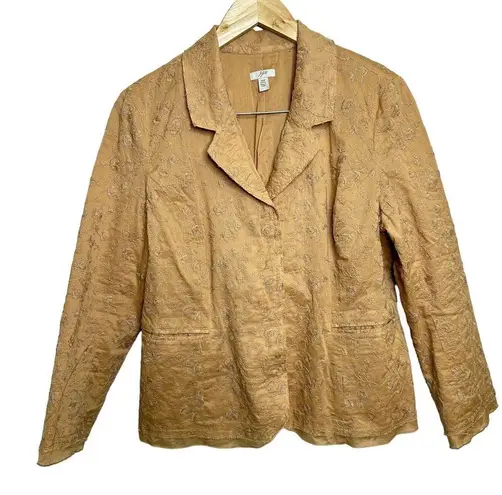 J.Jill  Ginger 100% Cotton Boho Embroidered Lined Blazer Jacket Size 12 p Tan