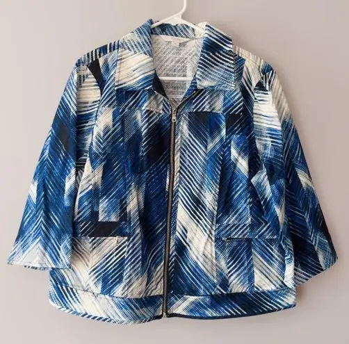 Erin London Women's Blue White Printed Zip-Up Jacket Size Large Petite PL