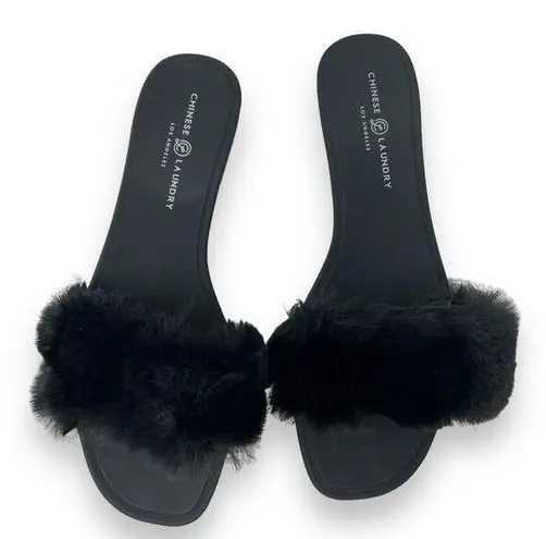 Chinese Laundry  Faux Fur Black Slides Furry Slip-On Sandals Women's 10 Slippers