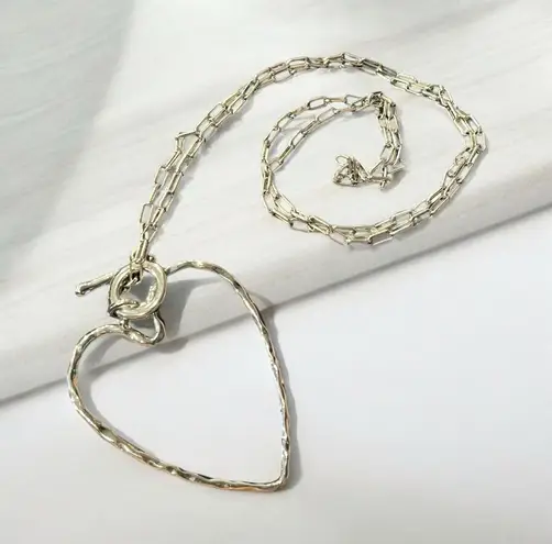 Large Silver Hammered OpenHeart Pendant Necklace 32" Silver Toggle Chain