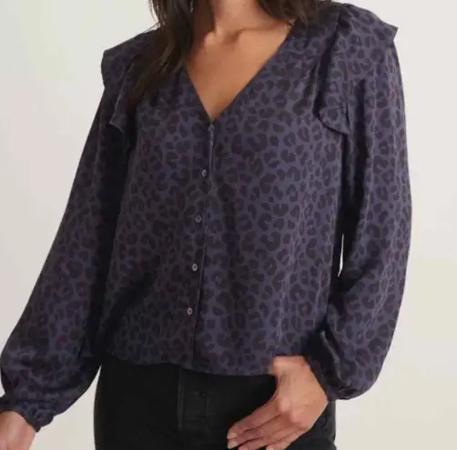 Marine layer  Rory Long Sleeve Ruffle Casual Blouse Size Large Cheetah Blue