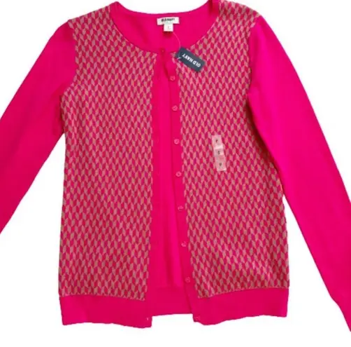 Old Navy  Cardigan Sweater Fuchsia Tan Geo Print Crew Neck Button Front Small NEW