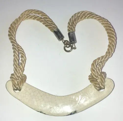 Vintage Off White Ceramic Hand Painted Pendant Fabric Rope Chain Necklace