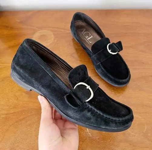 AGL • Buckle Flat loafer moccasin slip on black suede leather driving moc Size 9