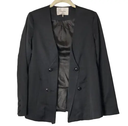 Frame  Womens Size 0 Black Silk Satin Blazer No Lapel Edgy Details Style lwot0083