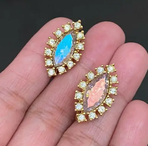 Vintage TARA Signed AB Crystal Aurora Borealis Marquis Navette Clip On Earrings