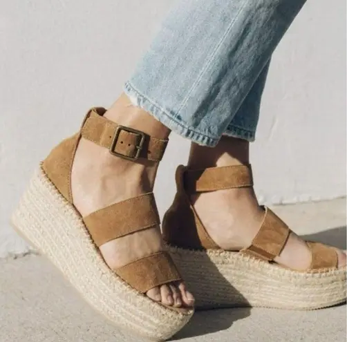 Soludos Palma Walnut Brown Suede Platform Sandal Espadrille Wedges 7.5