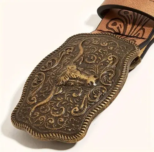 Western Bull Head Buckle Unisex‎ Belt Vintage Embossed Brown PU Leather Belt Size M