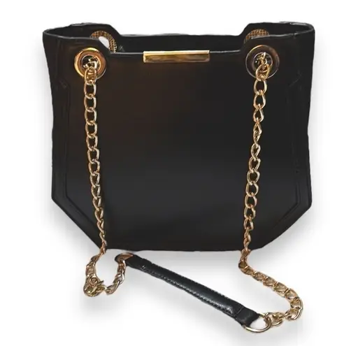 Melie Bianco Geometric Vegan Leather Black Shoulder Bag Purse with Gold Chains