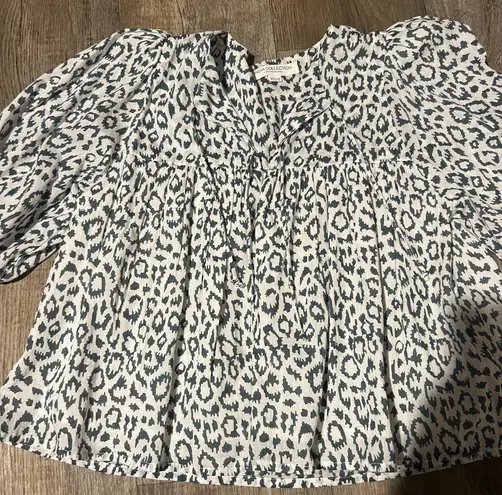 India Collection Emerson Fry Puff Isla Charcoal Leopard Print Cotton Blouse Gray Size XS