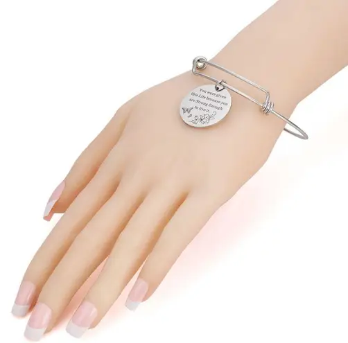 STRONG ENOUGH Bracelet Stainless Steel Silver Expanding Bangle NEW Inspirational