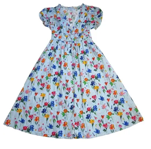 Hill House NWT Sabrina in Light Blue Space Floral V-neck Cotton Midi Dress M