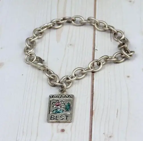 Vintage Y2K Flower Charm Bracelet Silver Chain Pink and Blue Rhinestones