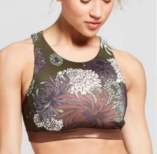 Joy Lab Brown, Green, and Pink Floral Print High Neck Cross Back Sports Bra