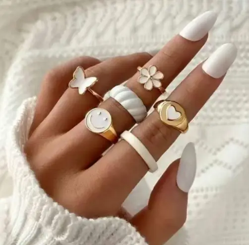 Set of 6 rings, white and gold, butterfly, simple white band, heart ring, smiley thumbnail 1