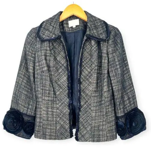 Alberto Makali | Size 4 | Tweed Open Front Floral Ribbon Accents Blazer Jacket