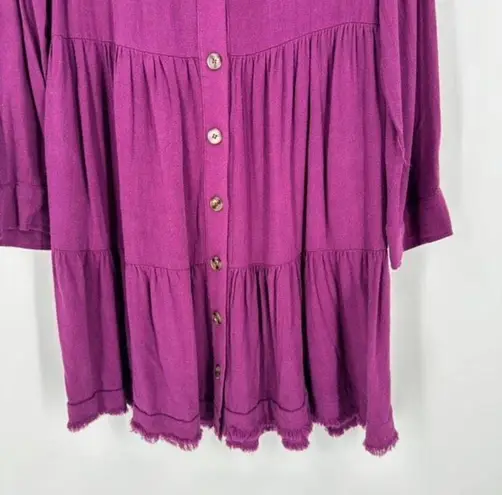 White Birch NWT  Frayed Hem Button Front linen blend Tunic Dress Purple Small