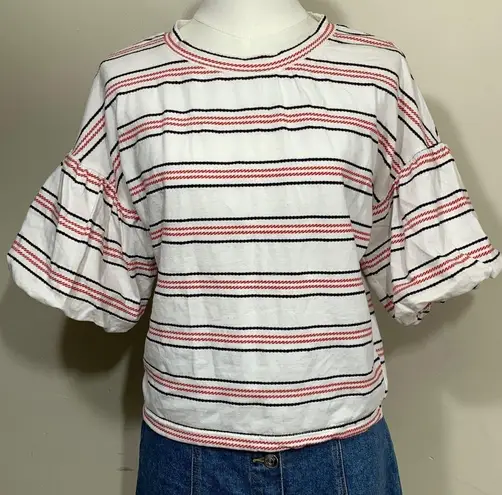 CODE × MODE Striped Puff Sleeve Top Size S White Red Black Cotton Blend Ruffle S