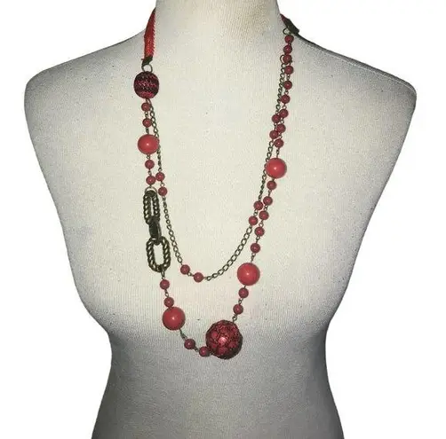 Vibrant RED MULTI STRAND RETRO ARTISTIC FUSION LONG NECKLACE
