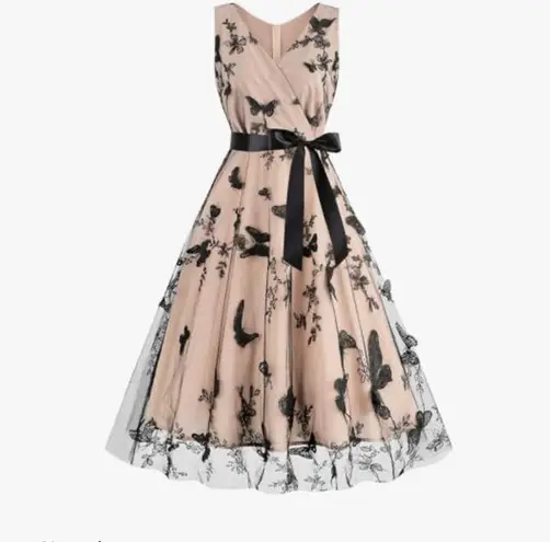 NWT 1950s Dress Vintage Elegant Butterfly Lace Cocktail Party Midi Dress Formal Black Size XXL