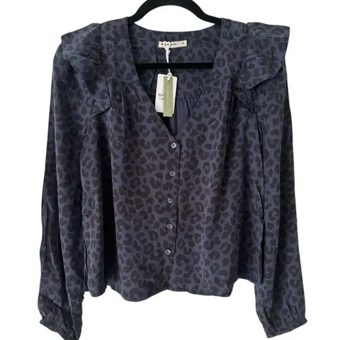 Marine layer NWT Rory Blue Cheetah Print Ruffle Long Sleeve Blouse Size XS