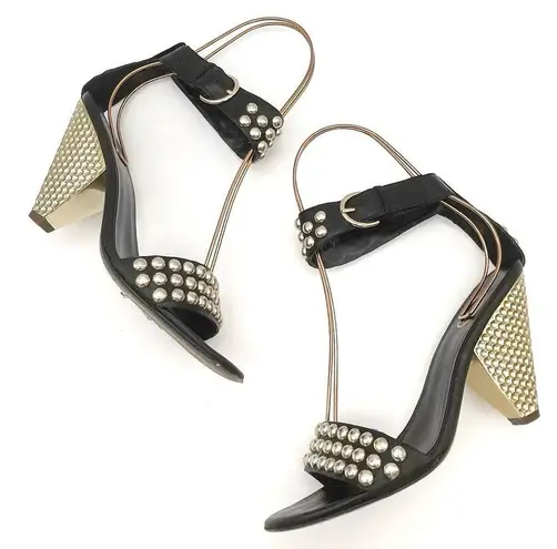 Ash Gold Studded Black Leather Ankle Cuff Heeled Strappy Sandals Size 38 | US 7