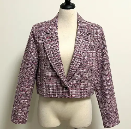 Bagatelle Tweed Pink Black Off White Cropped Single Button Blazer Jacket Large