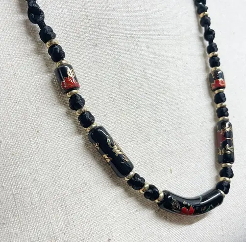 Vintage Black Floral Ceramic Bead Cord Necklace Witchy Goth Romantic