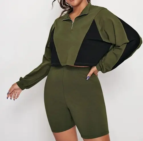 SheIn Plus Two Tone Zip Half Placket Sweatshirt and Biker Shorts Set