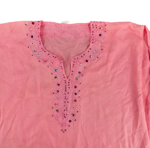 Boutique Pink Embroidered Cotton Tunic Dress Boho Kurti Midi Sequins 3/4 Sleeve Large