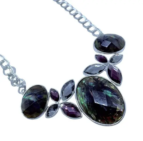 Silvertone Faceted Abalone Shell & Glass Necklace Costume Bold Statement